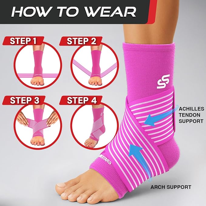 Sleeve Stars Ankle Brace for Women & Men, Ankle Wrap for Sprained Ankle, Compression Sleeve for Plantar Fasciitis Relief, Easy Customizable Support: w/Removable Strap (Single/S:9"-10"/Hot Pink)