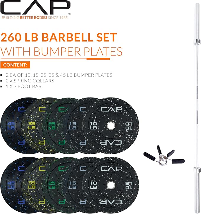 CAP Barbell Olympic Weight Set with 7ft Barbell & Bumper Plates | 160-370 lbs | Multiple Options