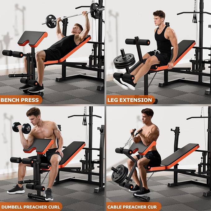 Fostoy Olympic Weight Bench with Lat Pulldown, Squat Rack & Leg Curl | Adjustable,Cable Row, Squat Rack, Leg Developer, Preacher Curl, Multi-Angle Backrest, Full Body Strength Training