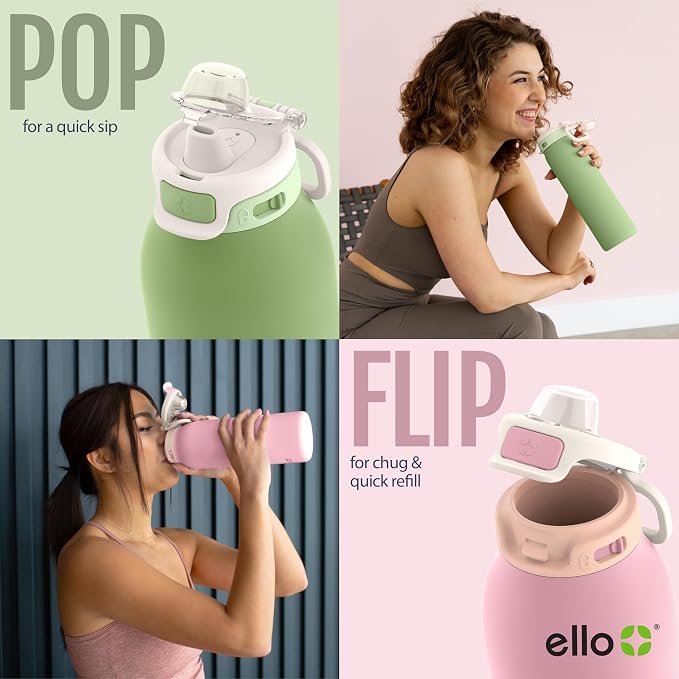 Ello Pop & Fill Insulated Stainless Steel Water Bottle with Quick Fill Lid, Leakproof Locking, Sip or Chug Spout, BPA-Free, Double Wall Vacuum Insulated for Sports, Travel & School- 22oz / 32oz / 40oz