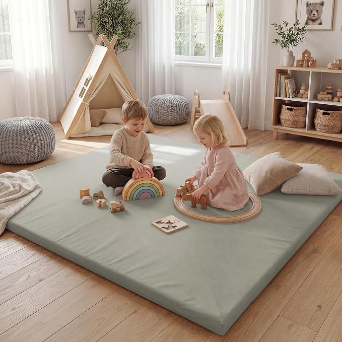 Huloo Sleep Baby Play Mat 74x50 Inches, 1.3" Thick Padded Waterproof Floor Cushion & Playpen Mat with Vegan Leather, Non-Slip & Non-Toxic Nursery Rug for Infants, Toddlers & Kids(Grey)