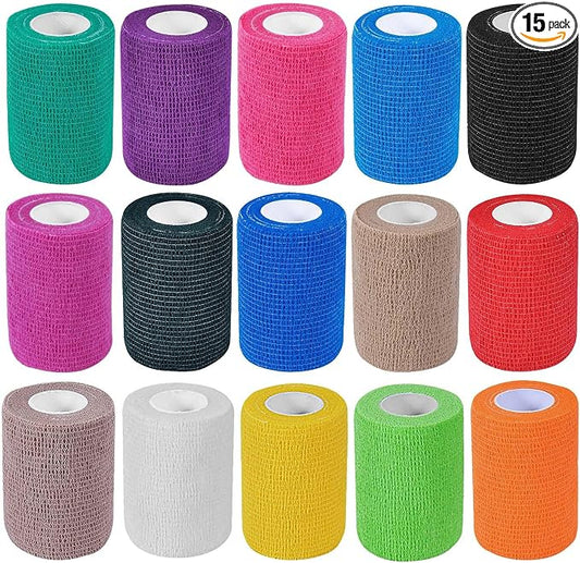 KISEER 15 Pack 3 Inch x 5 Yards Colorful Self Adhesive Bandage Breathable Cohesive Bandage Wrap Rolls Elastic Self-Adherent Tape for Stretch Athletic, Sports, Wrist, Ankle