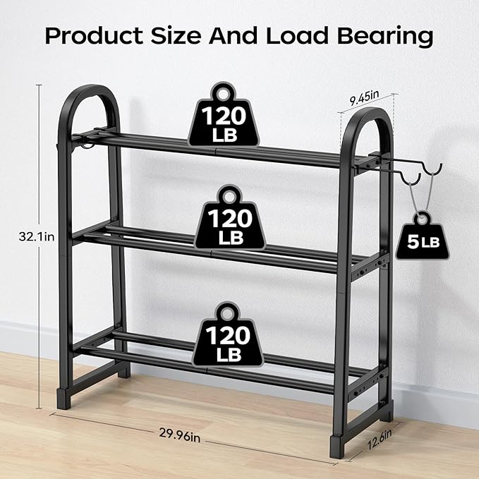 3 Tier Dumbbell Rack - Weight Rack for Home Gym: 360LB, Stand Only | Heavy Duty Adjustable Storage Rack with Hooks, Dumbbell Stand & Weight Holder, Organizer Shelf for Home Gym