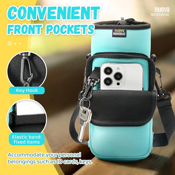 Nuovoware Water Bottle Carrier Bag, 25oz/32oz, Blue-green | Adjustable Shoulder Hand Strap, 2 Pocket, Neoprene Sleeve, For Hiking Travelling Camping