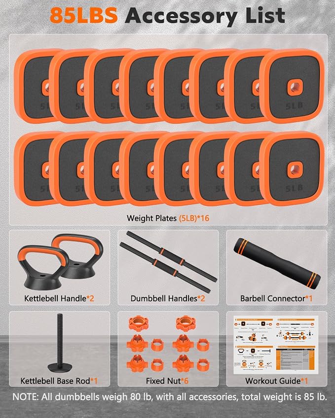 Rendpas 4-in-1 Adjustable Dumbbell Set with Foldable Bench for Home Gym | 800LB Capacity, 10 Angles Incline, Convert to Barbell, Kettlebell, Push-Up Stand