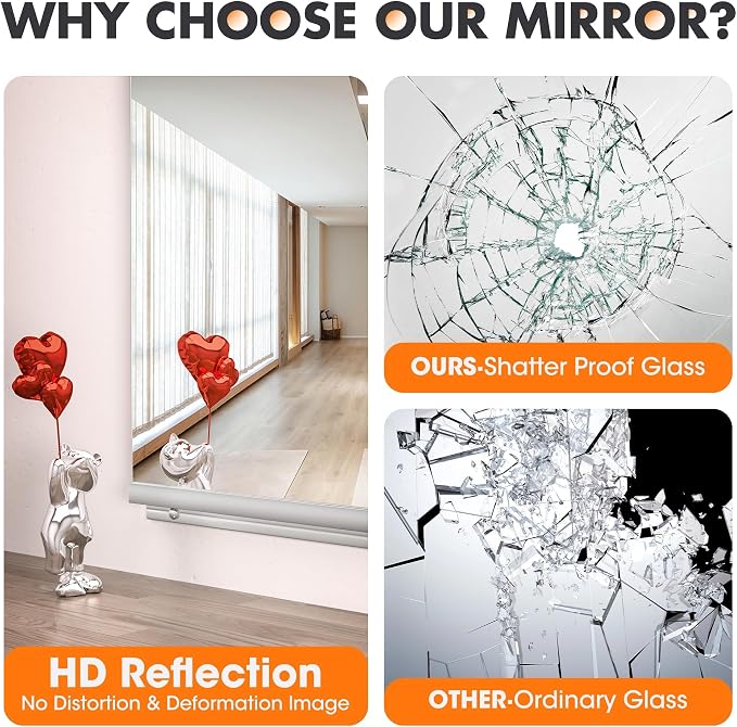 Hasipu Home Gym Mirror 48" L x 24" W - 4PCS Large Full Body Mirror for Yoga, Fitness, Garage, Dance Studio, Wall-Mounted, 0.16in Tempered Glass Frameless