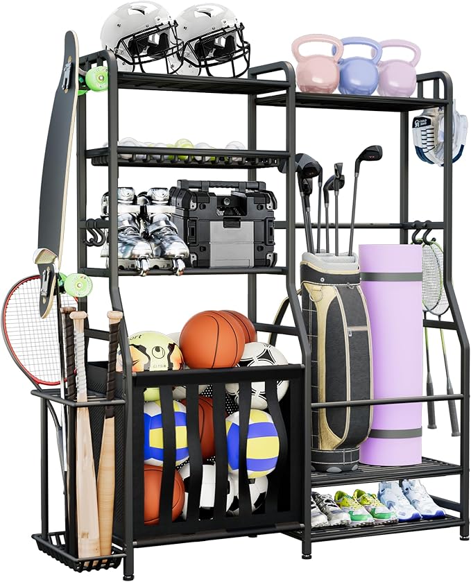Faesun Garage Sports Equipment Organizer, Golf Bag Storage Rack, Heavy Duty Ball Holder with Basket & Hooks, Indoor/Outdoor Basketball Storage Bins for Toy Sports Gear Storage