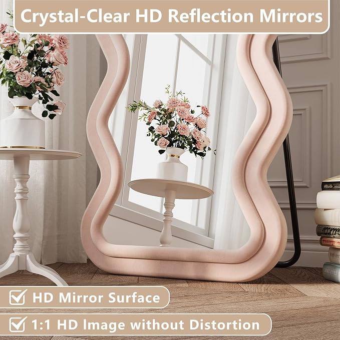 Full Length Mirror, 71"x32" Wavy Full Body Mirror Flannel | Full Body Mirror with Stand, Flannel Floor Mirrror Bedroom and Living Room, Wall Mirror Hanging or Leaning, Pink