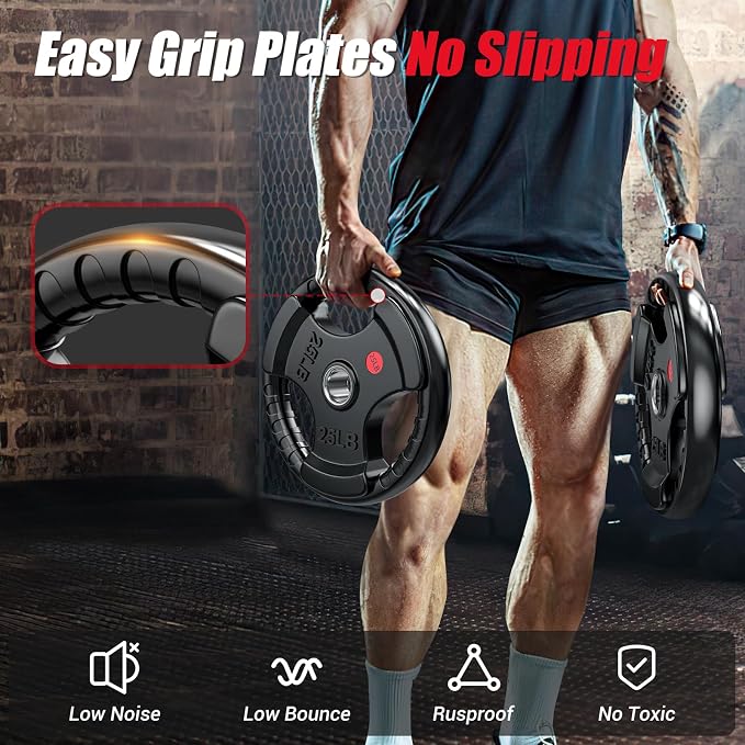 Gikpal Olympic Weight Plates, 2-Inch Three-Grip Rubber Coated Barbell Plates with Steel Hub, Cast Iron Weights for Strength Training & Home Gym, Pair or Sets (2.5–45LB)