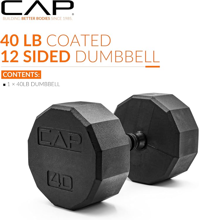CAP Rubber Coated Dumbbell Weights, Free Weights for Home Gym Strength Training, Anti-Roll Hex Dumbbells with Black, Chrome & Comfort Grip Handles, Singles