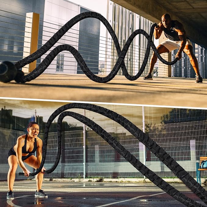 Battle Ropes for Home Gym Exercise: 1.26 Inch Diameter 30FT Length Workout Rope Exercise Rope Training Ropes with Protective Sleeve for Kids Men Women Exercise Fitness & Strength Training