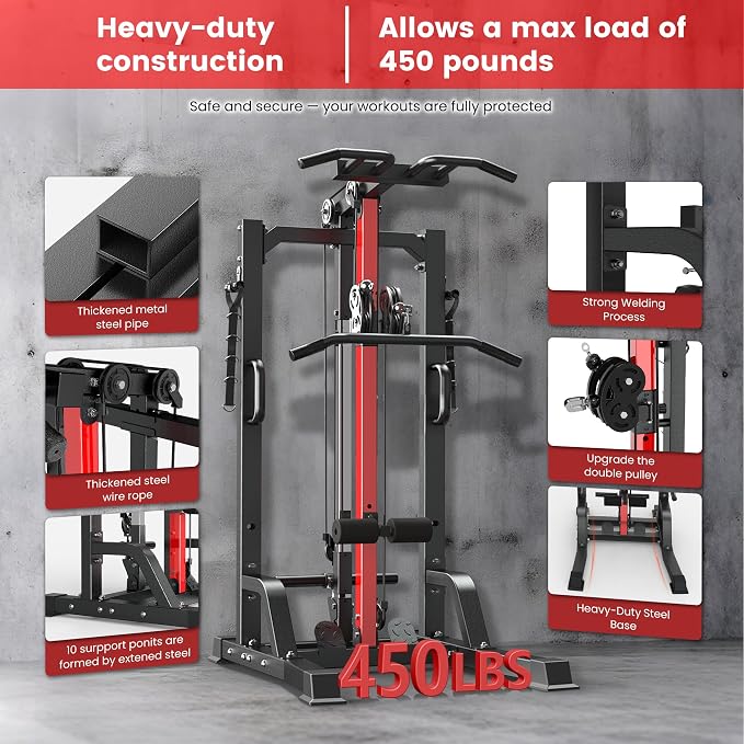 Pull Up Bar Power Tower Dip Station with Cable Machine, 450LB Home Gym | Pull up bar, dip station and 16-position cable system for pull ups, dips, lat pulldowns, rows and full-body training