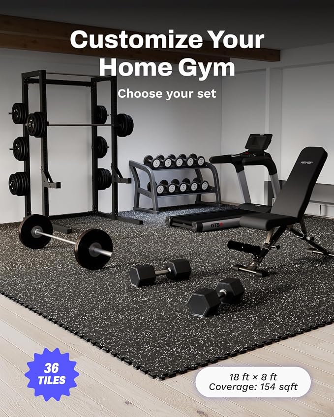 AIRHOP 0.56in Thick 144 Sq Ft Exercise Equipment Mats, 36 Tiles Upgraded Rubber Top with High Density EVA Foam, Large Interlocking Puzzle Gym Flooring for Home Gym, Heavy Weight Workout, 24 x 24in