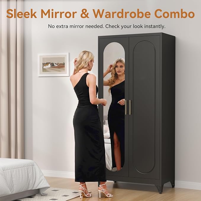 Polup Metal Armoire Wardrobe Closet with Mirror, Clothing Storage Cabinet | 71" Heavy Duty Steel Wardrobe Cabinet with Hanging Rod & Adjustable Shelves for Bedroom, Office, Clothes Organizer, Black