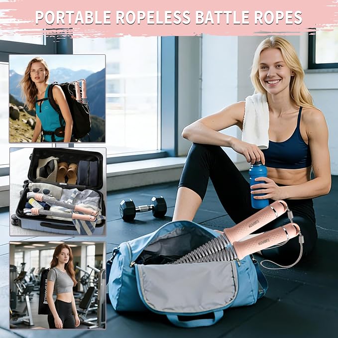 WIitsparklle Portable Adjustable Ropeless Battle Ropes with Pink | Weighted Cordless Workout Rope with Anti-slip Handles for Low-impact Cardio, HIIT, Home Gym and Office Fitness