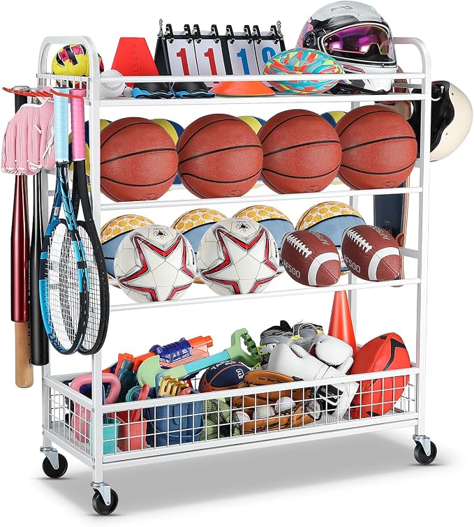 EXTCCT Garage Sports Equipment Organizer - Rolling Ball Storage Bin with Wheels, Garage Sports Gear Rack Outdoor Basketball Racks for Balls with Baseball Bat Holder and Hooks, Toy Organizer(White)