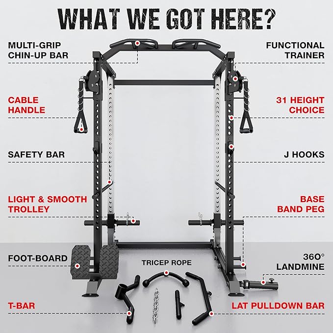 DP01 Power Cage, 2000LBS Squat Rack with Cable Crossover and Dual Independent Pulley System, Full Cage for Full Body Training, Power Rack with More Training Attachments for Home Gym