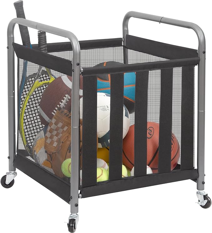 STORAGE MANIAC Ball Storage Bin Rolling Sports Ball Cart, Metal Garage Organizer Sport Rack Basketball Storage Cage for Garage or Gym, Indoor & Outdoor Sports Equipment Organizer