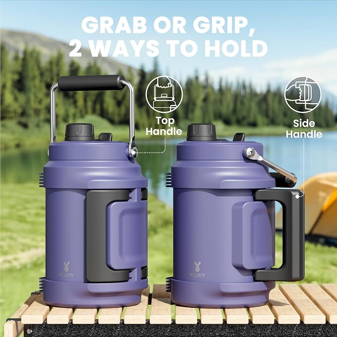 64 oz Insulated Water Bottle for Gym: Meoky Triple Wall Vacuum Stainless Steel Half Gallon Water Jug - Top and Side Handles, 2-in-1 Straw and Spout Lid, Cold for 36 Hrs, Leak Proof for Camping (Navy)
