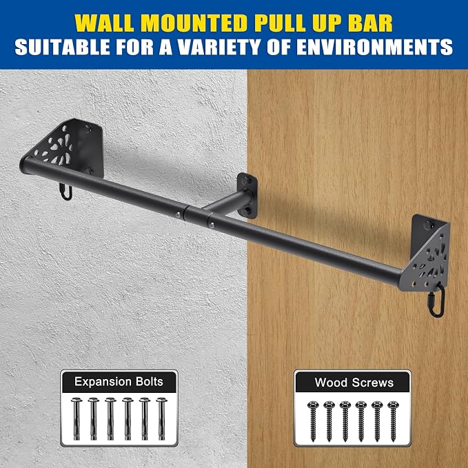 Kipika Wall Mounted Pull Up Bar - Heavy Duty 500 LB Capacity Doorway Chin Up Bar for Home Gym, Sturdy Steel Construction with Resistance Band Hooks | Hanging Exercise Bar for Full Body Workout