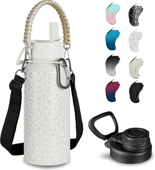KXIAOCHEN Insulated Water Bottle with Strap, 48-Hour Cold, 2 Lids | Triple-wall insulation, lead-free 18/8 Stainless steel, paracord handle, carabiner clip, for gym, hiking, camping and travel