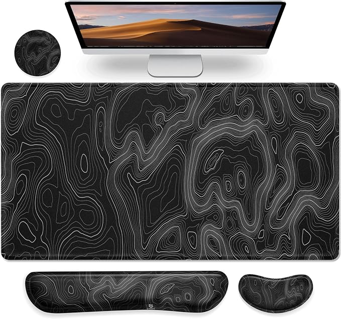 Gimars 4 in 1 Mouse Pad and Keyboard Wrist Rest Set, Large Mouse Pad with Memory Foam Wrist Support Pad for Desk with Coaster, Easy Typing Pain Relief, Gaming Office Home 31.5x12 in, Topographic Map