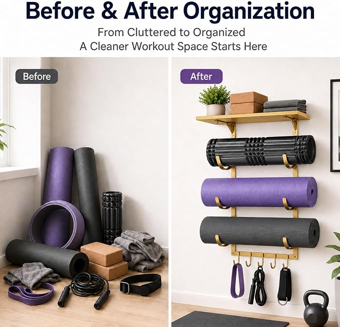 Wall Mount Yoga Mat Storage Rack, Heavy Duty Iron Organizer with 3-Tier J-Hooks, Wide Top Shelf and 5-Hook Bottom Rail for Yoga Mats, Foam Rollers, Blocks and Home Gym Accessories