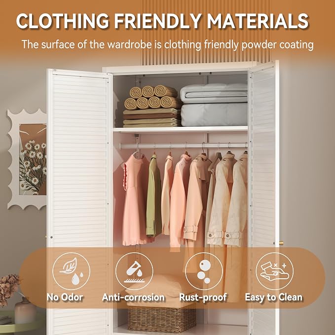 Polup Metal Armoire Wardrobe Closet with Doors, 71" Tall Wardrobe Cabinet | Heavy Duty Steel Clothing Storage Cabinet with Adjustable Shelves, Hanging Rod, for Bedroom, Office, Employee, Gym, White