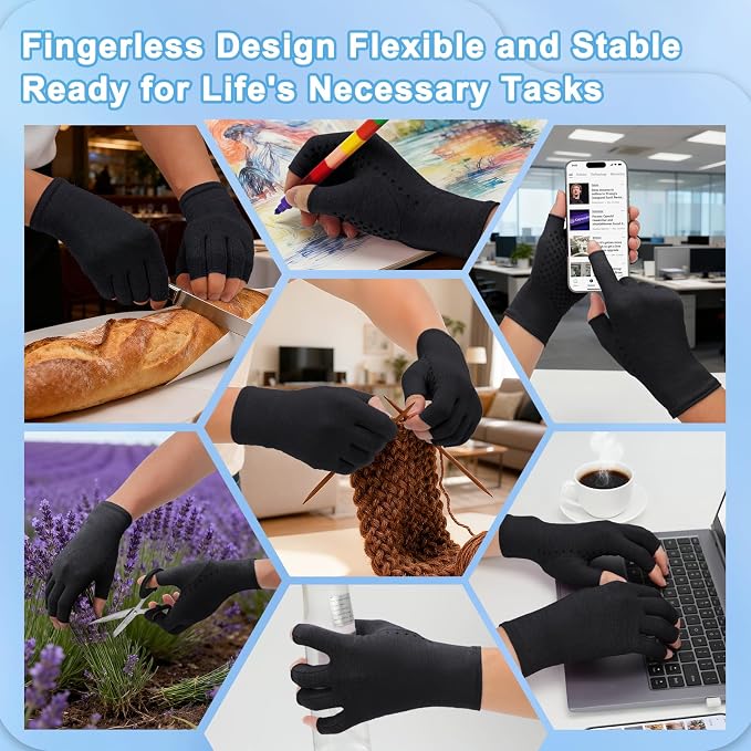 DRNAIETY 2-Pair Arthritis Compression Gloves- for Hand Arthritis, Carpal Tunnel Pain, Rheumatoid Arthritis, RSI, Fingerless, Anti-Slip, Breathable Gloves for Men & Women, Typing, Daily Use(L Black)