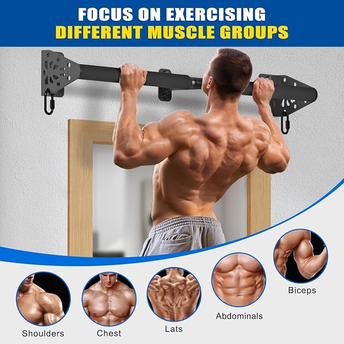 Kipika Wall Mounted Pull Up Bar - Heavy Duty 500 LB Capacity Doorway Chin Up Bar for Home Gym, Sturdy Steel Construction with Resistance Band Hooks | Hanging Exercise Bar for Full Body Workout