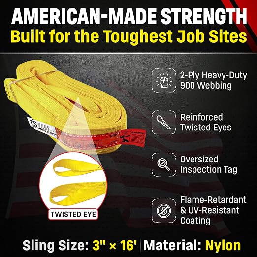 DD Sling (USA Made). 3" Widths by 6' to 20' Lengths in Listing, 2 Ply Twisted Eye, Nylon Lifting Slings, Eye & Eye, 8,900 lbs Vert, 7,200 lbs Choker, 17,800 lbs Basket Load Capacity (3" x 16')