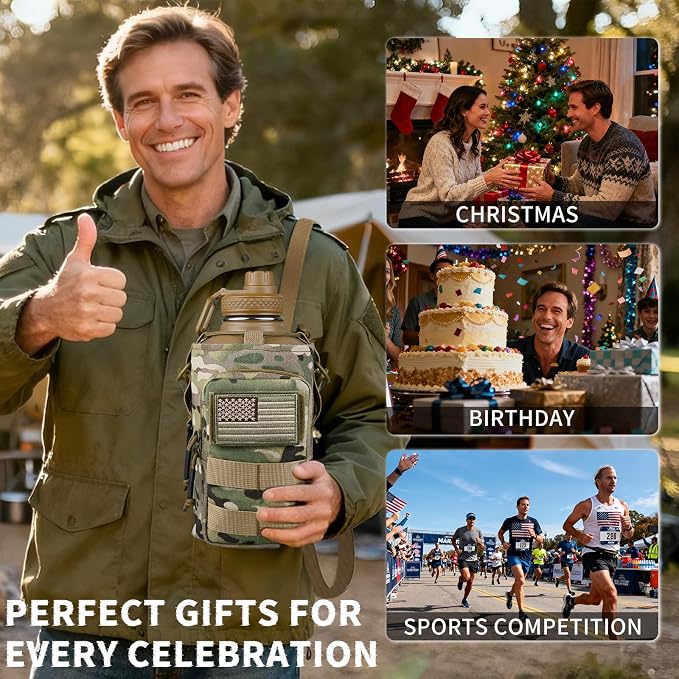 DEFUNX Half Gallon Water Bottle Insulated with Sleeve - Tactical 64 oz Stainless Steel Water Jug with MOLLE Water Bottle Pouch, Gym Water Bottles for Men Hiking Workout (CP Camo)