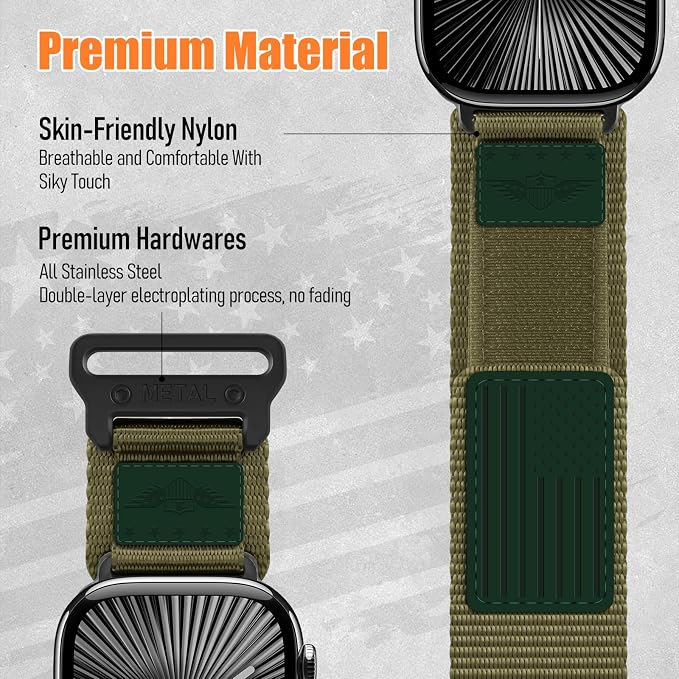 Rugged Nylon for Apple Watch Ultra 2/ Ultra 3 Band Series 11/10/9/8/7/6/5/4/3/SE iWatch Bands Men,Soft Woven Stars-Stripes Flag Wristbands Strap for Apple Watch Ultra 3/2/1 49mm 46mm 45mm 44mm 42mm