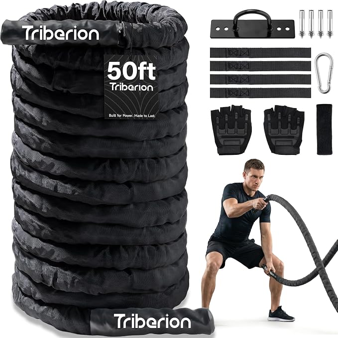 Battle Rope for Home Gym Workout - 1.5 Inch 50ft Heavy Weighted Training Exercise Ropes Fitness Equipment with Sleeve and Anchor Strap Kit for Crossfit Outdoor Working Out