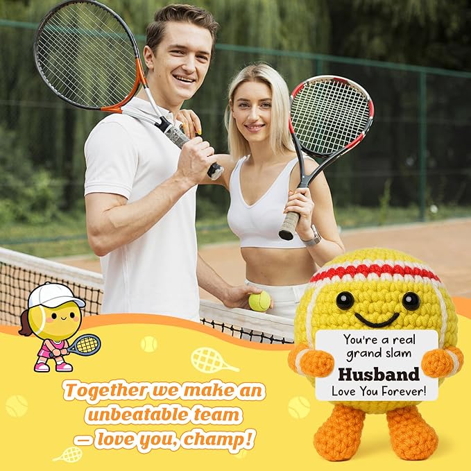 Mini Positive Crochet Tennis Ball Gifts for Women Men - Handmade Crochet Tennis Ball, Motivational Encouragement Christmas White Elephant Gift for Tennis Balls Lover Coworker Friend Coach