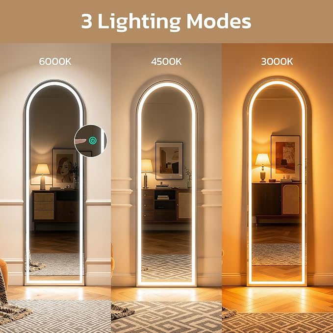 Arched Full Length Mirror with LED Lights, 60"x16" LED Floor Mirror with Stand, Body Floor Mirrors with Dimming & 3 Color Lighting, Wall Mounted LED Mirrors for Bedroom, Dressing Room, Cloakroom