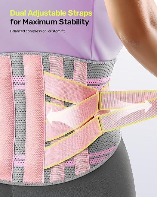 Rakiie Back Brace for Lower Back Pain Women with 9X Support System, Ergonomic Lumbar Support for Pain Relief, Breathable Mesh Design with 3D Silicone Pad for Sciatica, Pink Size XXL (Waist: 43.3" – 52.4")
