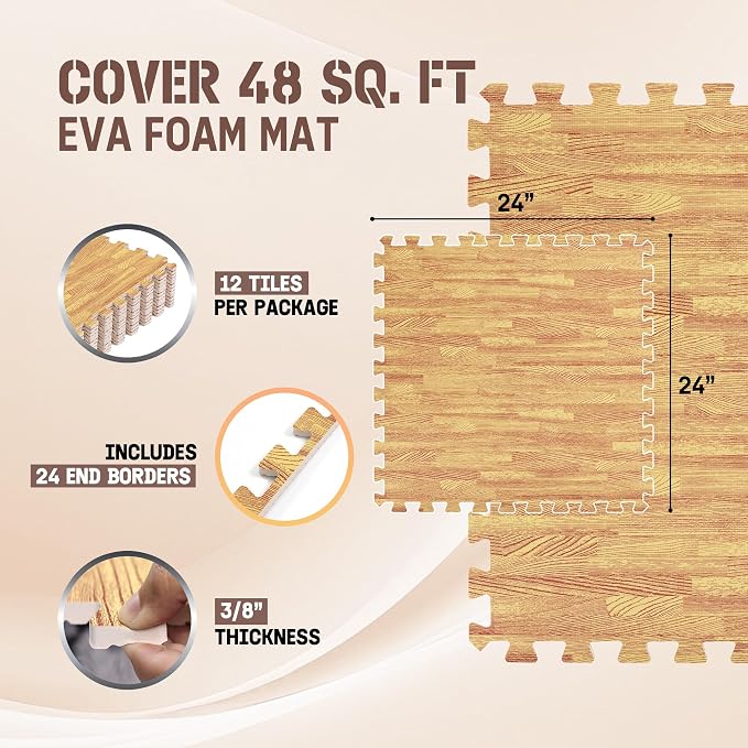 Yes4All EVA Interlocking Mats, Puzzle Floor Tiles, Foam Floor Padding with Border for Furniture, Home Space, Living Room, Garage