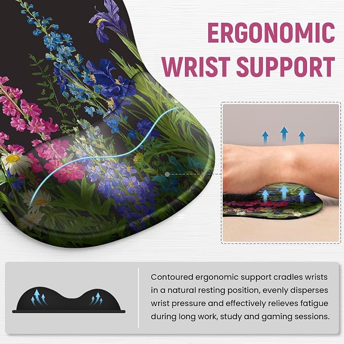 Ergonomic Mouse Pad with Wrist Rest, Gel Wrist Support, Bloom | 10.2 x 7.6 in Mouse Pad with Smooth Fabric Surface and Non-Slip Rubber Base for Office, Home, Study, and Gaming