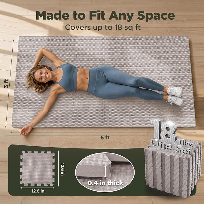 AIRHOP 18 PCS Gym Floor Mat, EVA Foam Puzzle Gym Mat, High-Density Interlocking Foam Floor Tiles for Home Gym, Play Workout Garage Kitchen Flooring 12.6"x12.6"x0.4"