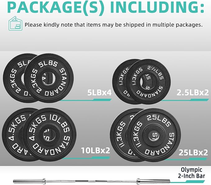 Fitvids 2 Inch Olympic Barbell Weight Plates and Bar Set, 5 FT Barbell Bar and 95 LB(2.5-25 LB) Barbell Weight Set for Home Gym Strength Training