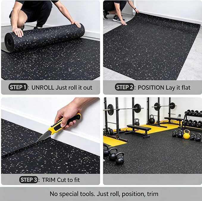 OrangeStar 4x10 FT Heavy Duty Rubber Gym Flooring, Black & Grey | Non-Slip Shock Absorbing Garage Floor Mat for Home Gym, Basement, Workout Room, Playroom