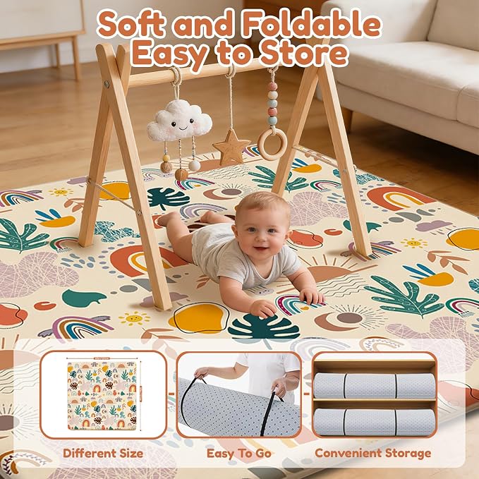 Baby Play Mat for Floor, 71'' x 59'' Thicken Foam Soft Padded Playmat for Tummy Time, Playpen Mat for Toddlers Infant Kids, Water-Repellent Coral Velvet, Non-Slip Bottom Safe for Crawling (Boho)