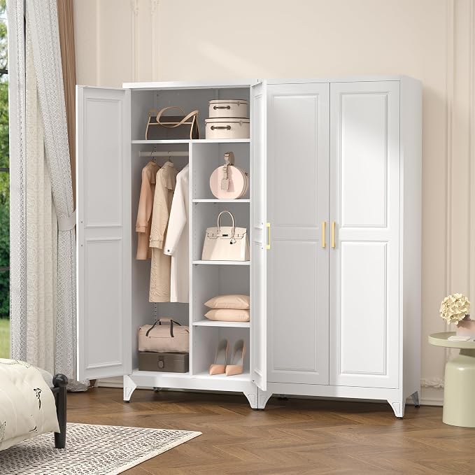 Polup Metal Armoire Wardrobe Closet, 71" Tall Wardrobe Cabinet with 2 Doors | Heavy Duty Steel Clothing Storage Cabinet with Hanging Rod & 3 Adjustable Shelves for Bedroom, Office, Broom Closet, White