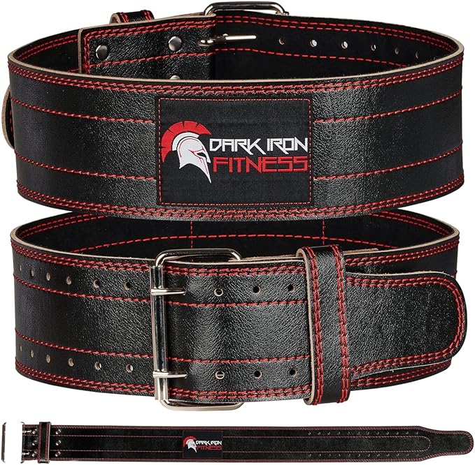 Dark Iron Fitness Genuine Leather Weightlifting Belt, 4 Inch Wide for Men Women with Double Prong Buckle Reinforced Stitching, Powerlifting Deadlift Squat Training Core Support Gym Strength Workout