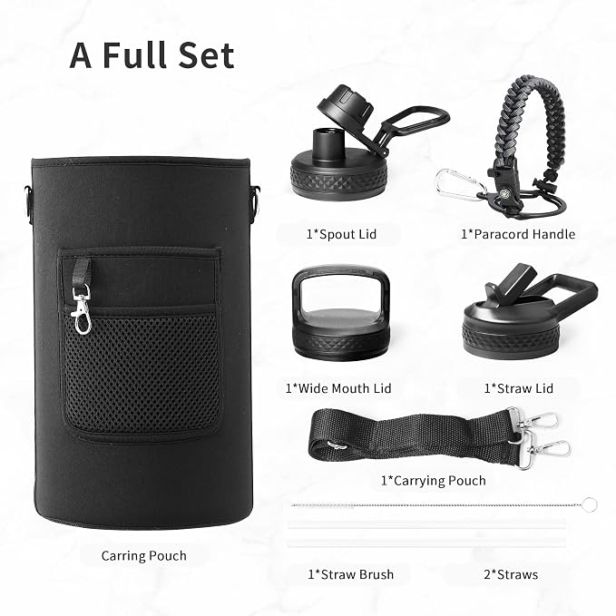 Trebo One Gallon Water Bottle Insulated with 3 Lids, Paracord Handle & Bag | 128 oz Large Stainless Steel Water Jug, Triple Wall Vacuum Copper Plated, Dishwasher Safe, Keeps Cold 48 Hrs for Hiking, Gym