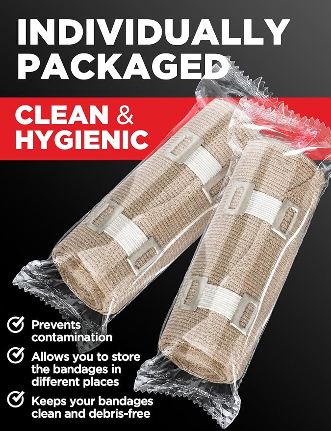 Premium Elastic Bandage Wrap - Extra Long - 2pk - 4" x 9ft + 4 Extra Clips | Strong Compression Bandage Wrap for Leg, Arm, Wrists, Elbow, Ankles, Feet and Knees - for First Aid Kit and After Surgery