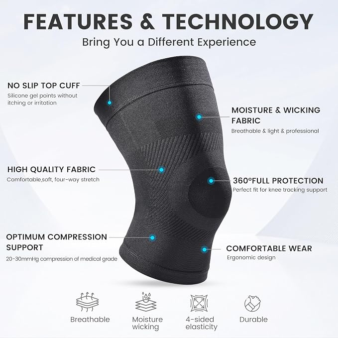 Knee Compression Sleeves, 1 Pair, Can Be Worn Under Pants, 20-30mmHg Strong Support Knee Brace for Unisex, Knee Support for Meniscus Tear, Arthritis, Pain Relief, Injury Recovery, Sports, Daily Wear