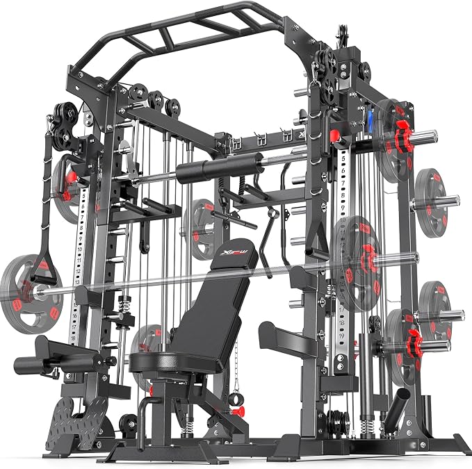 Smith Machine，Multi-Function Squat Rack Power Cage with Cable Crossover System,with Optional Weight Bench, Olympic Barbell Weight Set, for Home Gym
