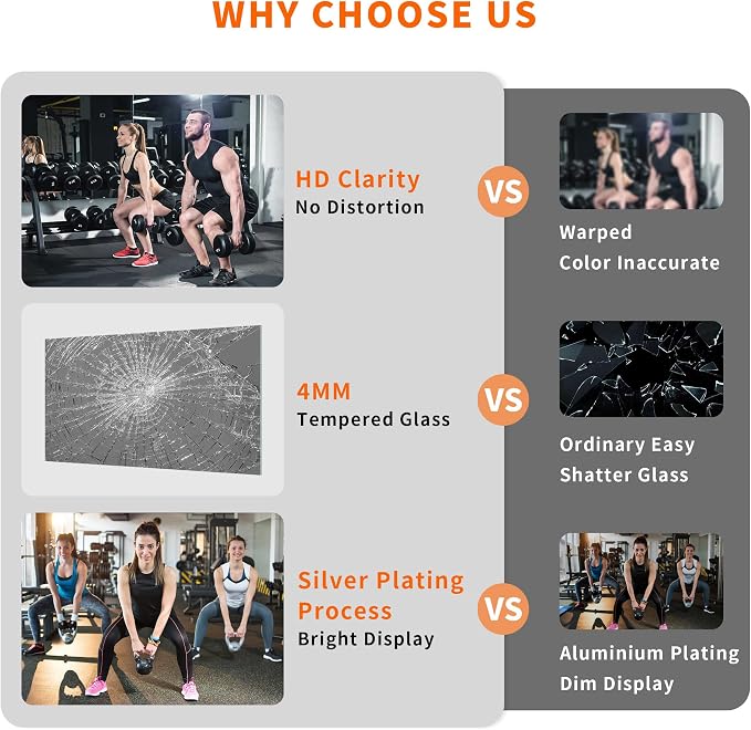 72''x46'‘ Exercise Mirror for Home Gym Full Length, Garage Gym Wall Mirror, Large Workout Mirrors Frameless Tempered Glass for Gym, Yoga, Bedroom, Dance Studio, Living Room